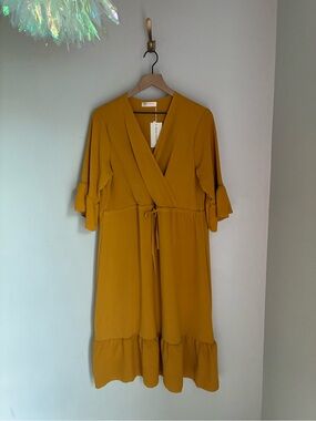 Mustard Yellow Fit and Flare Midi Dress Size Large
